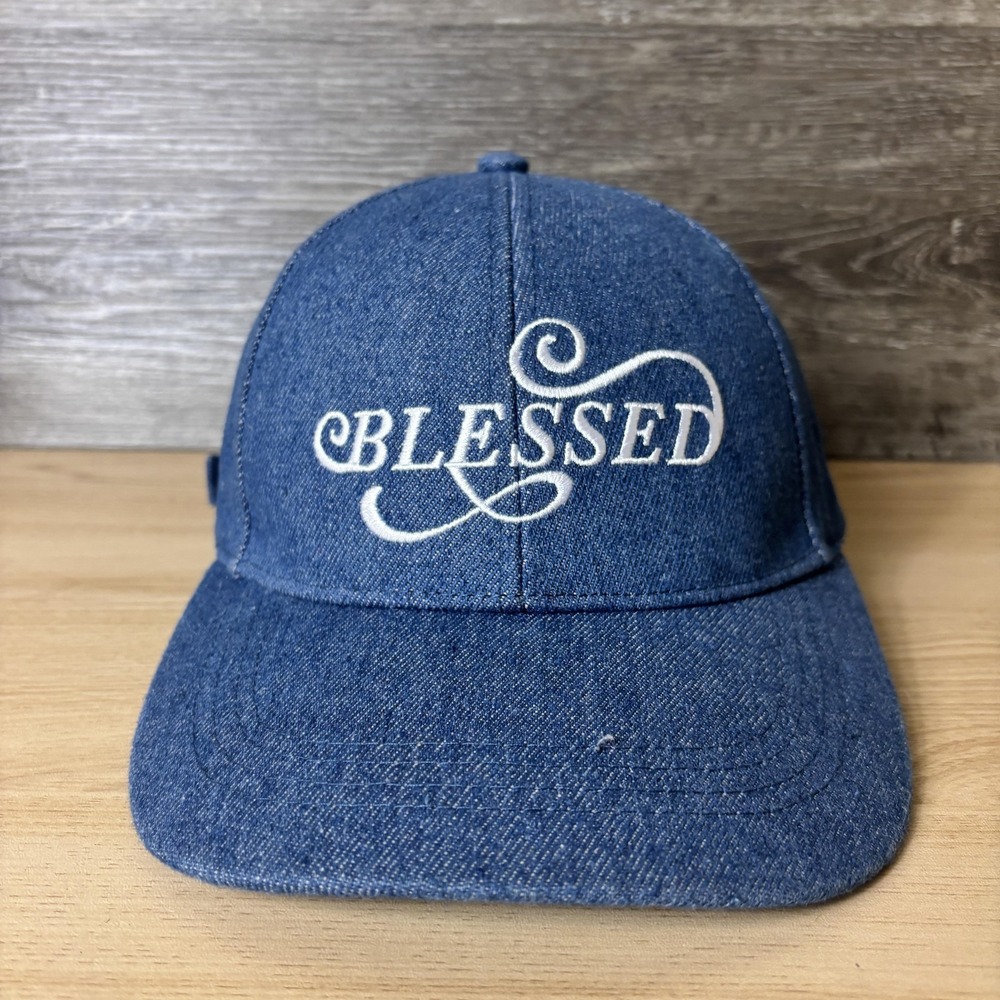 Blessed Hat Cap Strap Back Blue Denim Embroidered Slogan Adjustable Mens Unique